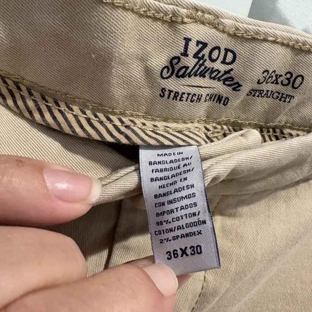 Izod Saltwater Chino Men Size 34x28 (Tag 36x30) Tan Khaki Pants Straight Stretch